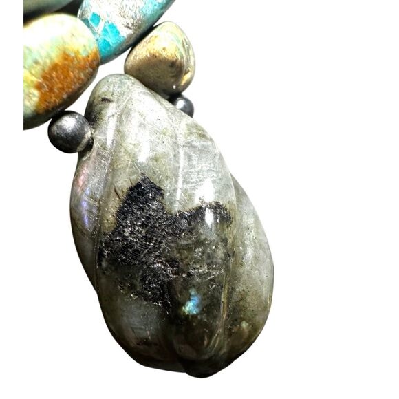 Sterling Silver Toggle Necklace w/ Turquoise Nugget Beads + Labradorite Pendant - Picture 4 of 9